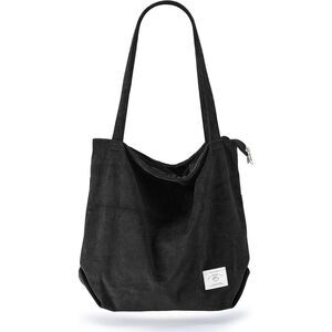 Women Black Imported Corduroy Casual Big Capacity Shoulder Tote Handbag
